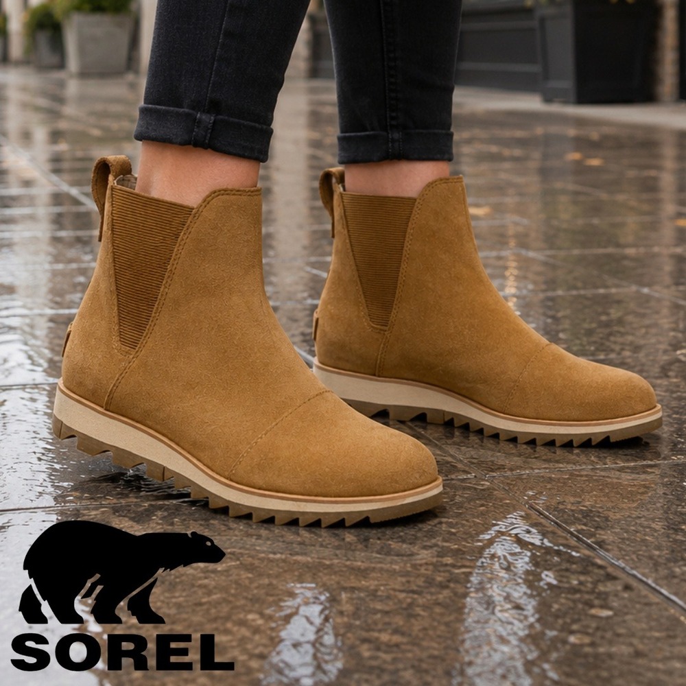 Sorel, Harlow Chelsea Boots Tan Suede Water Resistant Ankle Boot Camel Size 8